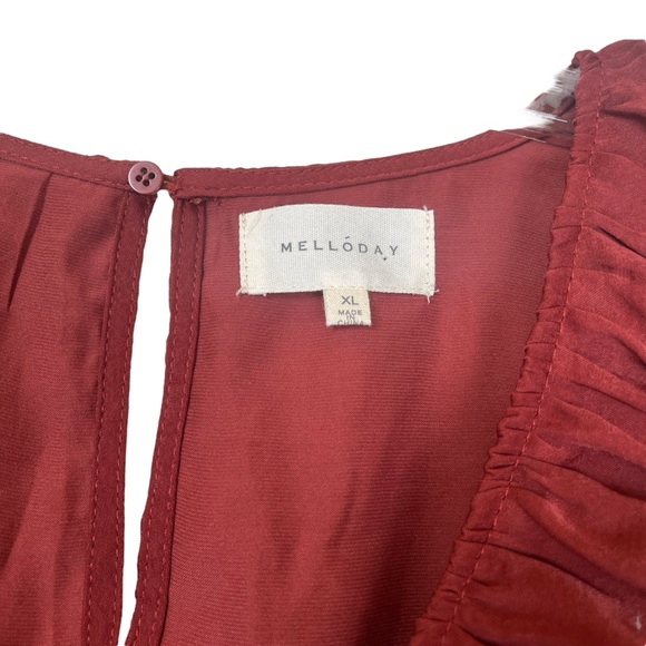 Melloday Red Maroon Ruffle Tiered Satin Flutter Sleeve Maxi Midi Dress size XL - Picture 4 of 5